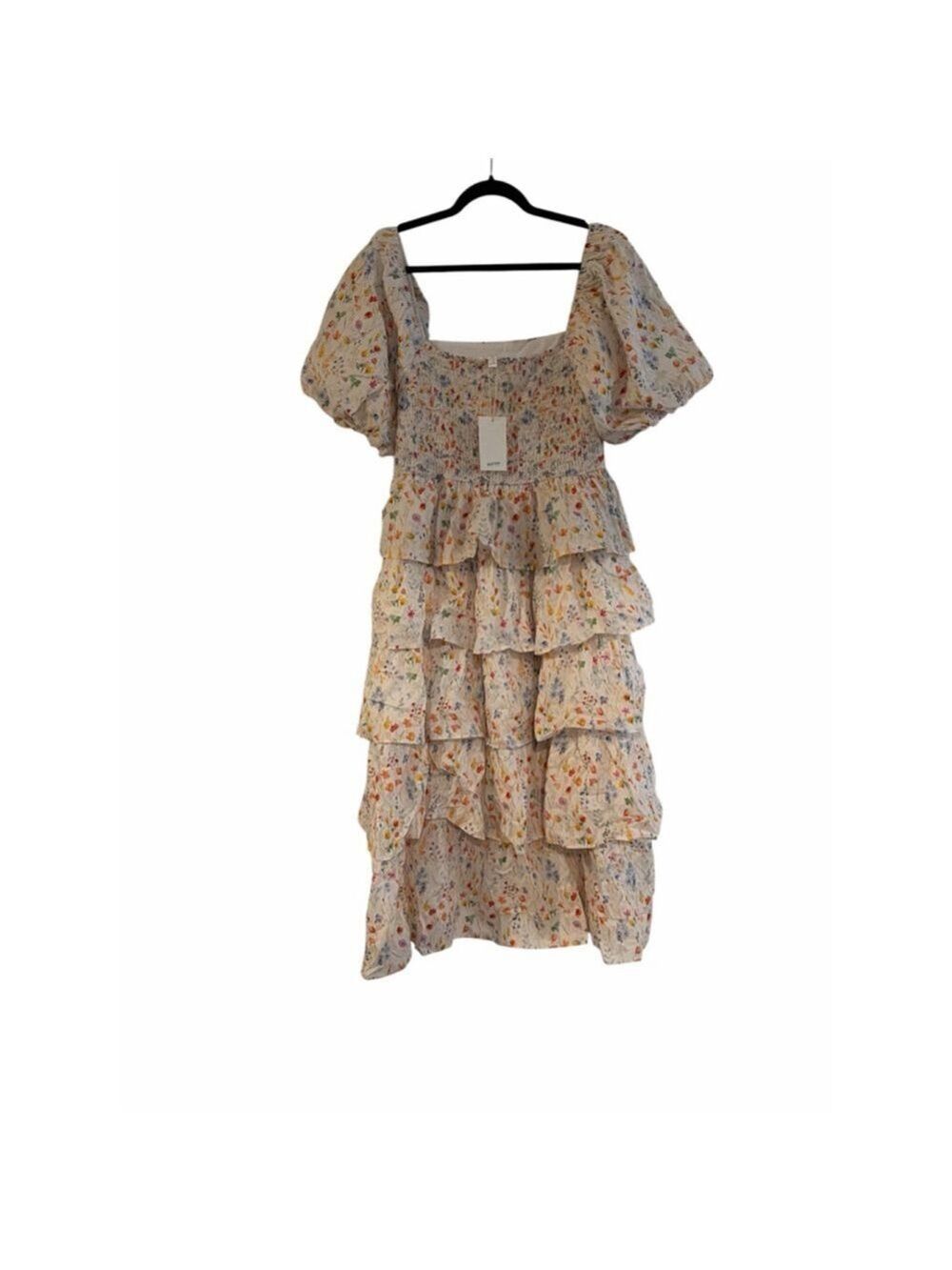 Lovelo Floral Ruffle Mini Dress - Creamy Botanical Print - Puffy Sleeves - NWT - - Picture 3 of 8